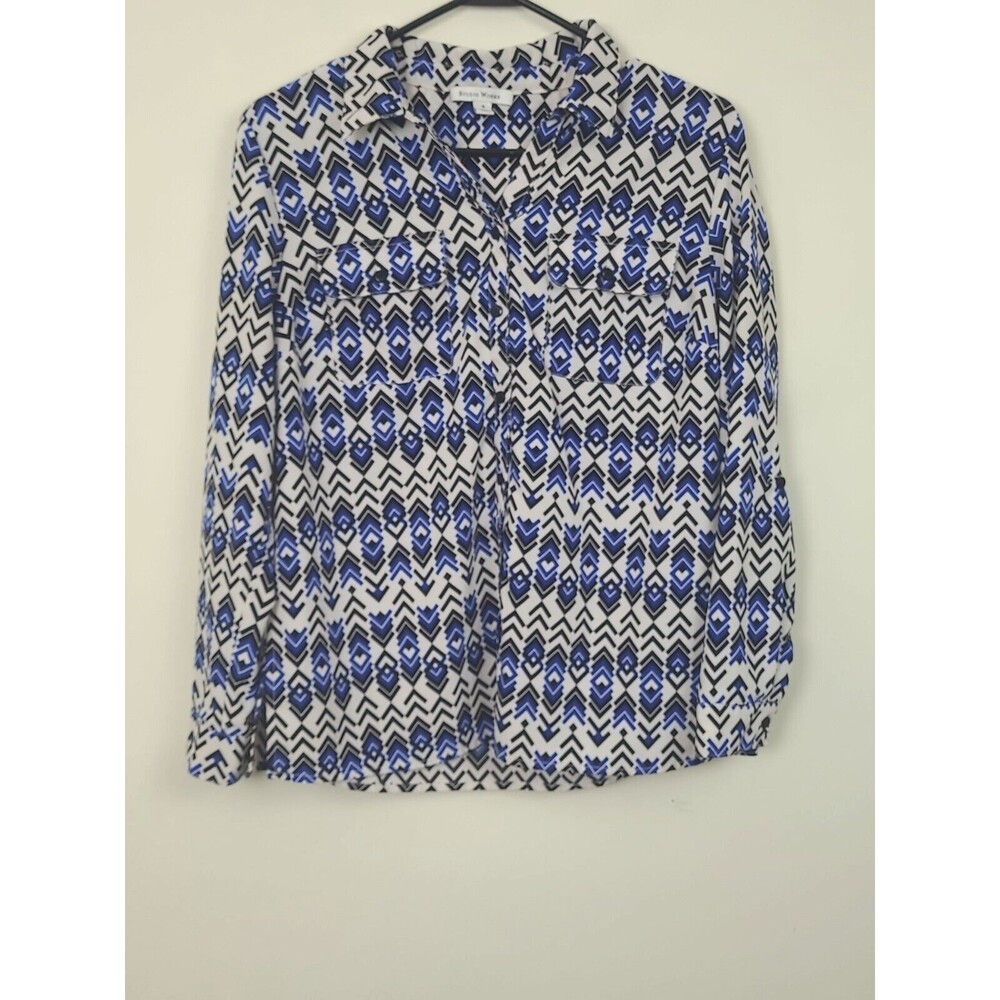 Studio Works Medium Geometric Blue White Blouse Top